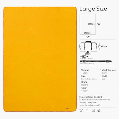 Molithe 100% Wool Blanket, 62" x 86", Warm, Thick, Military, Camping Gear - color: Yellow, size: Large