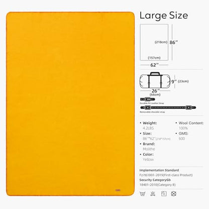 Molithe 100% Wool Blanket, 62" x 86", Warm, Thick, Military, Camping Gear - color: Yellow, size: Large