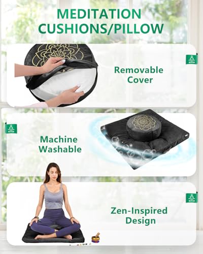 Hihealer Meditation Cushion, Traditional Tibetan Velvet Meditation Pillow | Buckwheat Yoga Bolster, Large Floor Cushion & Pillow for Adults, Zafu Zabuton Set, Zen Meditation Mat - color: Black