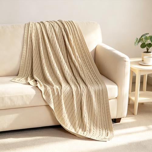 NTBAY Cotton Cable Knit Throw Blanket, 51 x 67, Khaki - color: Khaki, size: Throw(51"x67")