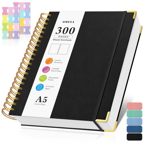 Blank Spiral Notebook: Leather Sketch Book, Unlined Notebook for Women Men | 300 Pages, Hardcover 100GSM Thick No Bleed Paper Journal, A5 Small Art Sketchbook for Drawing Writing Work, 5.5" x 8", Black - color: Black, size: A5