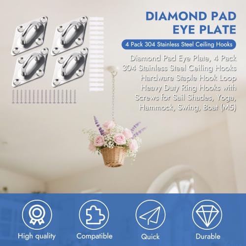 4Pcs M5 Stainless Steel Square Pad Eye U-Bracket – 60x36mm Ceiling Mount Ring with Screws & Anchors for Hammock, Swing, Sandbag, Plants - size: 60mm*36mm