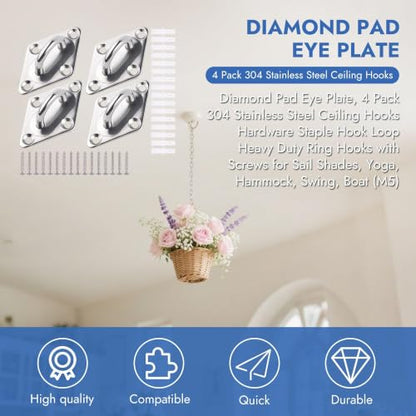 4Pcs M5 Stainless Steel Square Pad Eye U-Bracket – 60x36mm Ceiling Mount Ring with Screws & Anchors for Hammock, Swing, Sandbag, Plants - size: 60mm*36mm