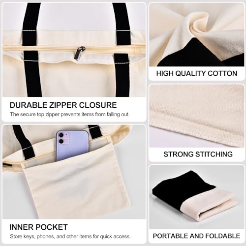 Canvas Tote Bag with Zipper for Women, Halloween Trick or Treat Bags Bulk | 13.8" x 15.3" Fashionable Two-Tone Cotton Tote Bag for Crafts, DIY Your Creative Designs - color: [A1] Beige / Black