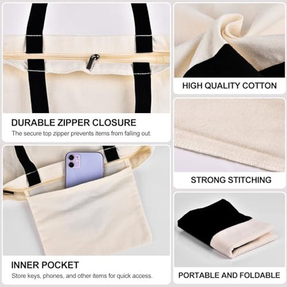 Canvas Tote Bag with Zipper for Women, Halloween Trick or Treat Bags Bulk | 13.8" x 15.3" Fashionable Two-Tone Cotton Tote Bag for Crafts, DIY Your Creative Designs - color: [A1] Beige / Black