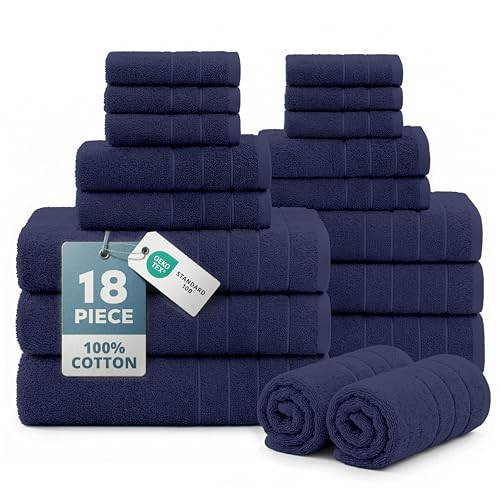 Casa Platino Towel Set for Bathroom Soft Absorbent Quick Dry - Navy | Bath Towel Sets For Bathroom - Dobby Border Accent, OEKO-TEX Certified, Ring-Spun Durability, Ring-Spun Cotton, Densely Woven - color: 05: Navy Blue, size: 18 Piece Towel Set