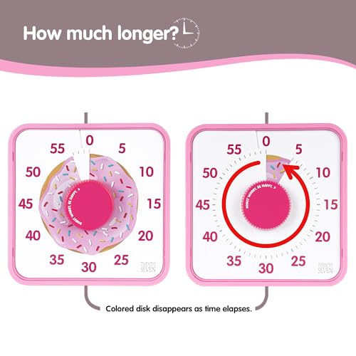 TWENTY5 SEVEN Countdown Timer 7.5 inch, 60 Minute 1 Hour Visual Timer for Classroom Teaching Tool Office Meeting, Mechanical Countdown Clock for Kids Exam Time Management Magnetic, Pink Donut - color: Pink Donut