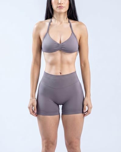 MOYOOGA 2 Piece Workout Sets for Women Seamless Shorts and Strappy Sports Bra Athletic Gym Yoga Matching Outfits - color: Truffle, size: Medium