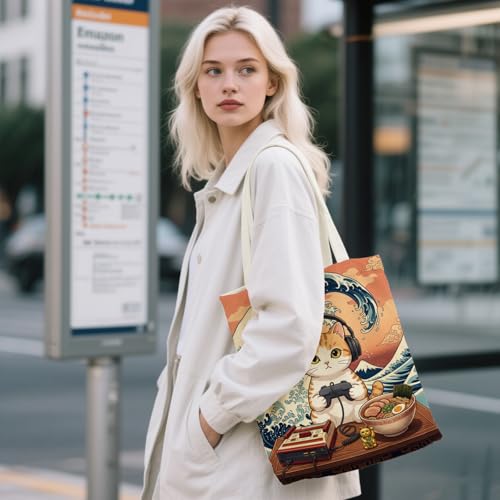 Aesthetic Canvas Tote Bag for Women - with Magnetic Snap Closure & Zipper Inner Pocket Reusable Bag for Shopping - color: Catgame1