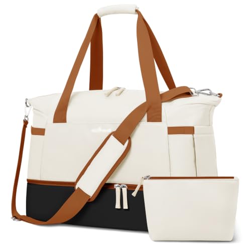 Gym Bag for Women, 45L Carry On Travel Duffel Bag with Shoes Compartment - color: White Black Brown, size: Large