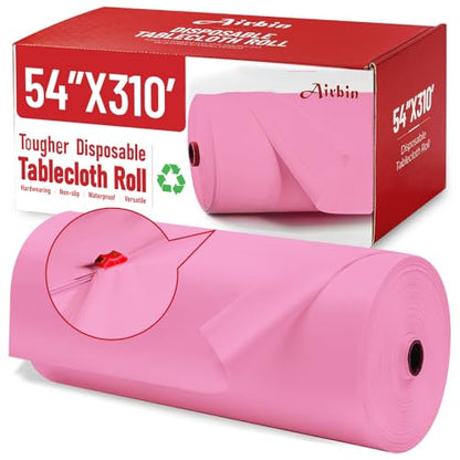 Plastic Tablecloth Roll, 310 Ft X 54 In Table Cloth Disposable Table Cover | Pink Tablecloth with Cutter PEVA Disposable Tablecloth Rectangular Table Cover Roll for Baby Shower, Birthday Party, Festival - color: Pink, size: 3720" x 54" (Rectangular)