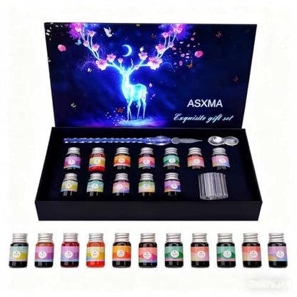Glass Dip Calligraphy Pen Set, 14-Pieces 12 Color Inks, Pen Holder, Cleaning Cup, 1Crystal Glass Pens for Art, Writing, Drawing, Signatures, Gift for Kids and Artist - color: Blue