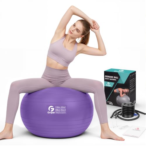 Gruper Exercise Ball, Extra Thick Yoga Ball for Working Out, Yoga & Pregnancy, 4 Sizes Anti-Burst Balance Ball with Foot Pump for Pilates, Physical Therapy & Fitness - color: purple, size: M(22IN/55cm)