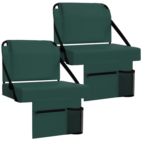 2pcs Stadium Seat for Bleachers with Back Support，Portable Bleacher Chairs with Back and Cushion，Includes Shoulder Strap and Cup Holder - color: Green,2 Pack