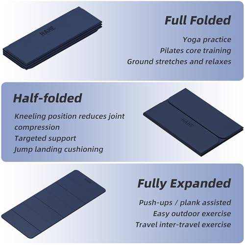 HAHE Foldable Yoga Mat 74"Lx32"Wx1/3"Thick, Folding Exercise Mats - color: Navy Blue