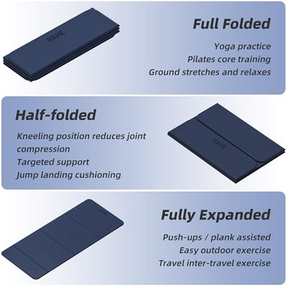 HAHE Foldable Yoga Mat 74"Lx32"Wx1/3"Thick, Folding Exercise Mats - color: Navy Blue