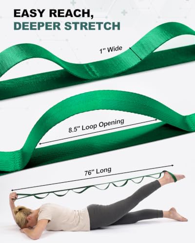 Trideer Non-Elastic Stretching Strap with Loops for Physical Therapy & Rehab, Knee Hip Leg ROM Post-Surgery, Yoga Strap for Stretching, Leg Lifter Strap Mobility Aid, Hamstring Calf Back - color: Emerald Green/75"x1"