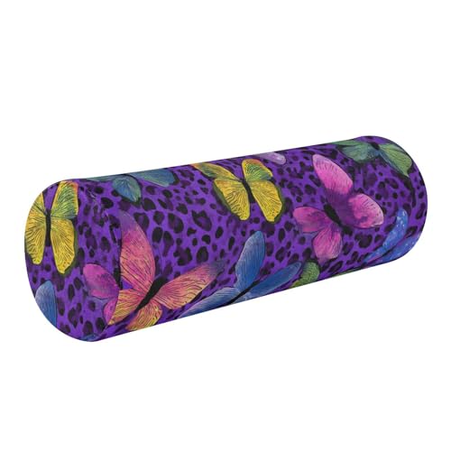 Bolster Pillow Neck Pillow Round Soft Health Memory Foam Pillows Long Cylindrical Body Pillow with Removable Cover Cute Back Yoga Colorful Butterflies and Purple Leopard Print 17" x 5.5" - color: Colorful Butterflies and Purple Leopard Print