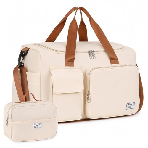 FIORETTO Women's Gym Duffle Bag with Shoes Compartment, 30L Capacity, Ideal for Travel, Gym, Sports, Duffel, Weekender - color: Beige& Brown, style: Gym Bag With Toiletry Bag