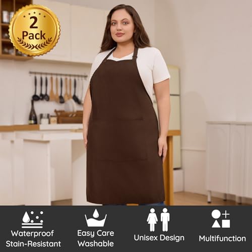 2 Pack Plus Size Waterproof Cooking Chef Apron with 2 Pockets for Men Women | Extra Large Design, Adjustable Neck Straps, Long Waist Ties, Professional Bib Aprons for Kitchen, Grilling, Gardening, Baking - color: Coffee