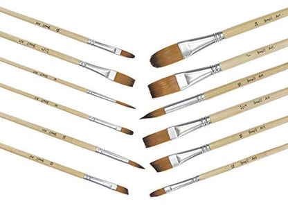 24 Pcs Artist Paint Brush Set with Free Carry Pouch for Watercolor, Acrylic, Oil and All Media, Suitable for Canvas, Paper, Ceramic, Golden Nylon Hair, Wood Handles JQ-B24