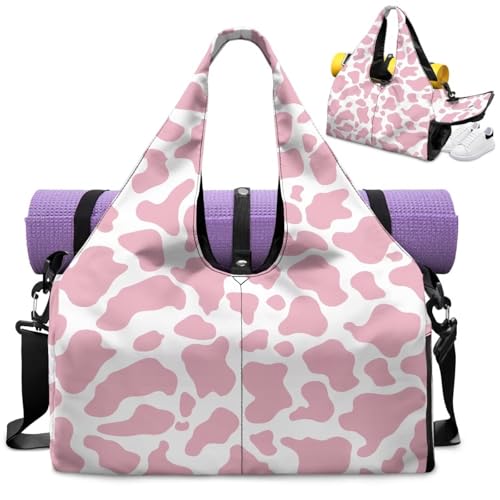 Pink Cow Print Gym Bag with Shoe Compartment Durable Gym Tote with Yoga Mat Holder Sports Duffel Bags with Double Zipper, Sports Duffle Bags for High School - color: Pink Cow Print