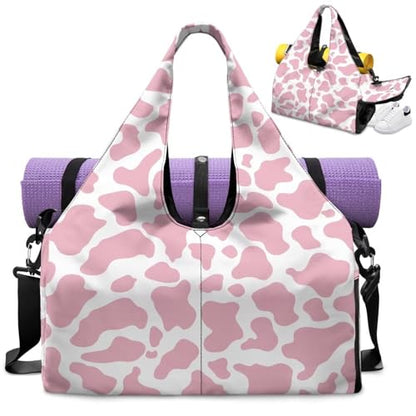 Pink Cow Print Gym Bag with Shoe Compartment Durable Gym Tote with Yoga Mat Holder Sports Duffel Bags with Double Zipper, Sports Duffle Bags for High School - color: Pink Cow Print