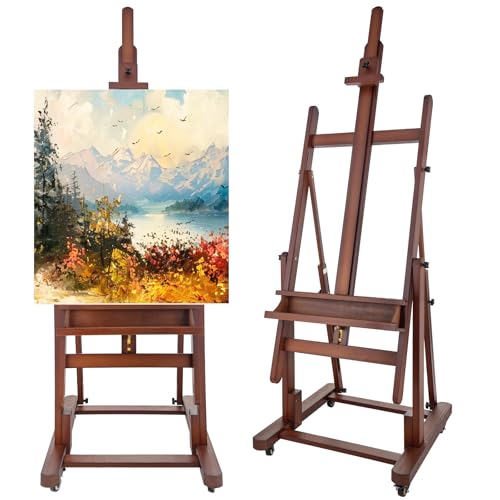 Falling in Art Extra Large H-Frame Studio Easel with Storage Tray (Walnut) | Solid Beechwood Artist Easel , Adjustable Canvas Holder Stand with Rolling Wheels for Painting Adult - style: Studio Easel Walnut