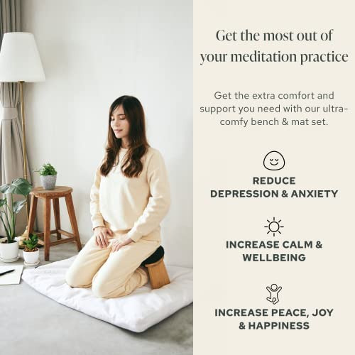 Mindful Modern Bamboo Bench and Zabuton Meditation Mat Bundle - Small Kneeling Meditation Bench with Locking Magnetic Hinges - Wooden Kneeling Ergonomic Bamboo Seiza and Mat for Meditation
