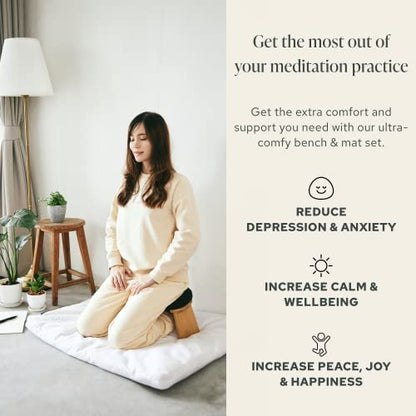 Mindful Modern Bamboo Bench and Zabuton Meditation Mat Bundle - Small Kneeling Meditation Bench with Locking Magnetic Hinges - Wooden Kneeling Ergonomic Bamboo Seiza and Mat for Meditation