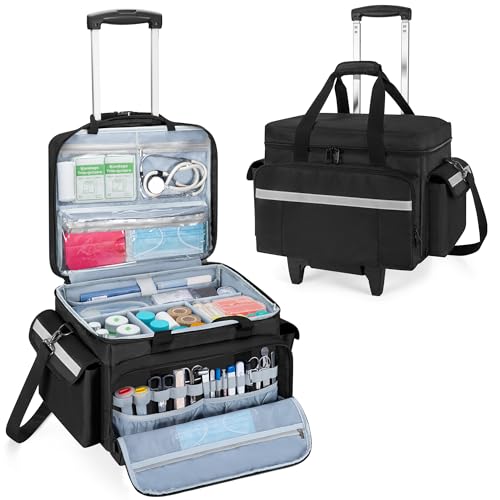 Trunab Rolling Medical Bag with Trolley & Dividers, Nurse Responder Tote - color: Black