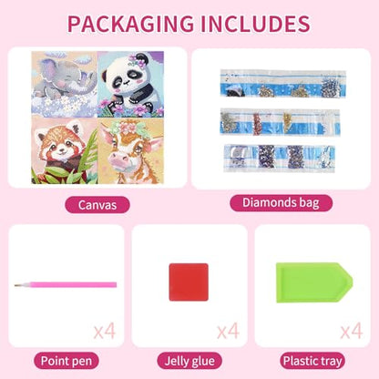 PERFECTSIGHT Cute 5D Diamond Art Kits, Kawaii DIY Painting Art for Adults Teen, 4 Pack Diamond Arts and Crafts Sets, Big Gem Full Drill Diamond Dots for Women (Elephant+Panda+Red Panda+Cow) - style: Elephant+Panda+Red Panda+Cow