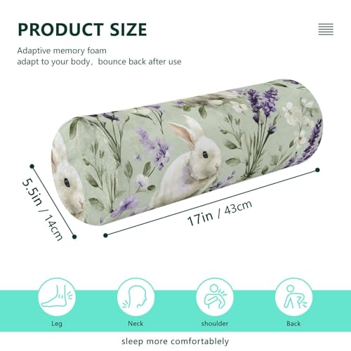 Bolster Pillow Neck Pillow Round Soft Health Memory Foam Pillows Long Cylindrical Body Pillow with Removable Cover Cute Back Yoga Bunny Lavender Flowers Green 17" x 5.5" - color: Bunny Lavender Flowers Green