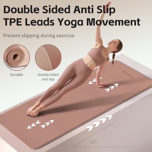 PAIDU Yoga Mat 8mm TPE Non‑Slip Fitness Mat with Strap for Home Workouts - color: 브라운&살구