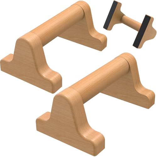 SELEWARE Wood Push Up Bars Steel Calisthenic Parallette Bars Handstand Bars | Anti-Slip Parallettes for Calisthenics, Fitness, Floor Workouts, Solid Wood Handle with Sturdy Metal Bracket Support 600 lbs - color: D: Wood Grip (8.7"L x 4"H)