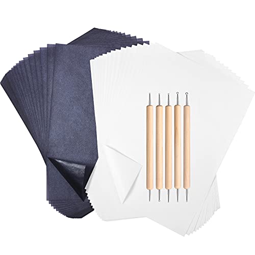 Outus 100 Sheets Carbon Graphite Transfer Paper A4 Size Tracing Carbon Copy Graphite Paper with 5 Embossing Stylus Tracing Stylus Dotting Tools for Dark Cloth Fabric Embroidery and Wood, Black&White - color: Black, White