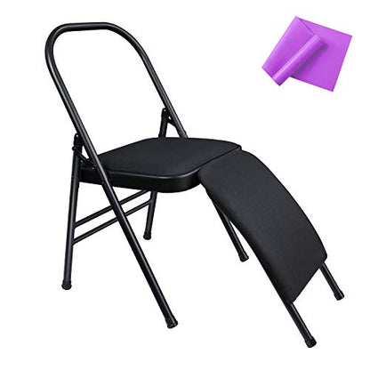 INNOLIFE Yoga Auxiliary Chair with Lumbar Back Support Foldable Balance Training with Purple Yoga Resistance Band - color: Black with lumbar back support
