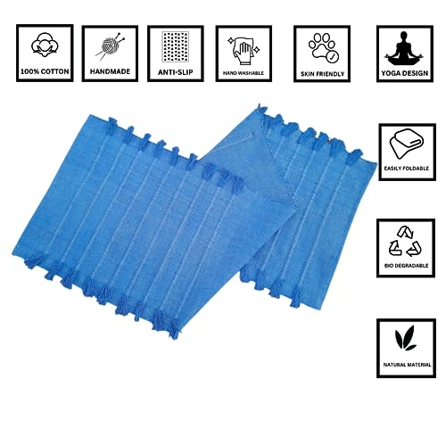 Jaipur art & Rugs Organic Cotton Yoga Mat - Eco-Friendly Hand-Woven Rug - Non Slip & Thick (24”x72”x5mm) for Everyday Fitness at Home - Comfortable Extra-Long - color: Blue