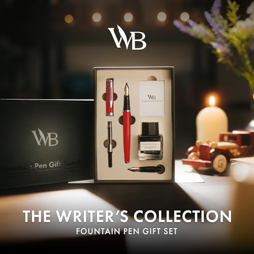 Wordsworth & Black Fountain Pen Gift Set, Medium & Extra Fine Nib, Red | For Men & Women, Brass Body, 18K German Iridium, Ink Bottle + 6 Cartridges, Converter, Writing & Calligraphy, Journaling - color: Red Chrome