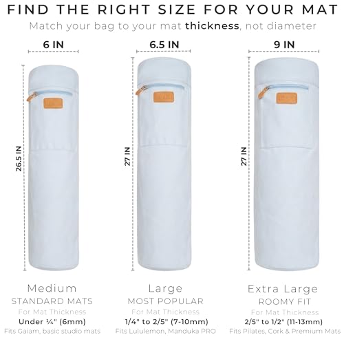 UDANA Canvas Yoga Mat Bag for Women & Men, Full-Zip Carrier with 3 Pockets & Adjustable Strap, Stylish Gym & Pilates Bag – Available in Multiple Sizes - color: Light Blue, size: Large: 1/4" to 2/5" (7-10mm) Thick Mats