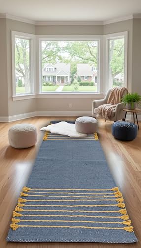 Indian Handmade 100% Organic Cotton Yoga Mat, Hand Woven Rug, Yoga Mat For Everyday Fitness at Home Comfortable Foldable Long Mat - color: Blue Yellow