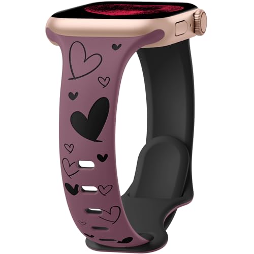 Lerobo Slim Thin Two-Tone Compatible with Apple Watch Band 40mm 38mm 41mm 42mm 44mm 45mm 46mm 49mm for Women- Soft Cute Flower/Heart Engraved Sport Band for iWatch Series 11 10 9 8 7 6 5 4 3 SE Ultra - color: A Smoke Purple/Black, size: 44mm/45mm/46mm/49m