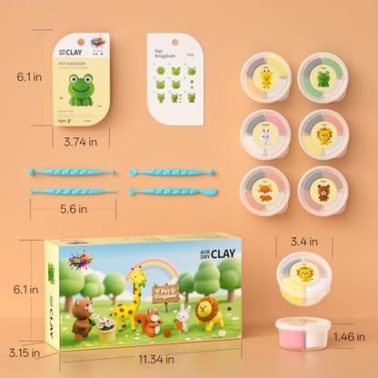 Air Dry Clay for Kids - 6 Animal Themed Modeling Clay Kit, Model Magic Clay with Sculpting Tools and Tutorials, Ultra Light & Soft, Non-Toxic & Safe, DIY Arts and Crafts School Projects for Kids - color: Animals