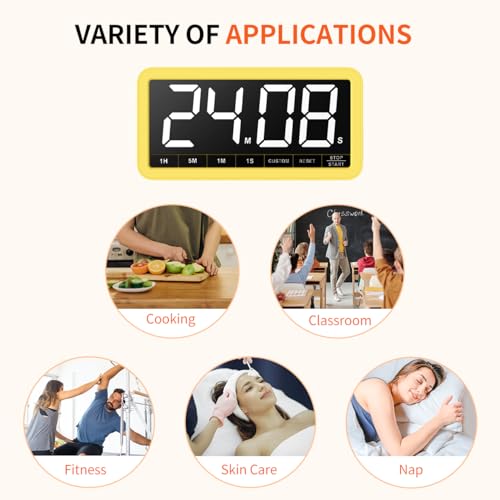 VOCOO Large 7.8" Digital Timer, Magnetic LED Timer for Kitchen & Classroom | USB-C Rechargeable, Up to 99 Hours Count Up & Countdown Timer with 3 Brightness Levels, 4 Alert Modes and 3 Volume Levels - color: Yellow