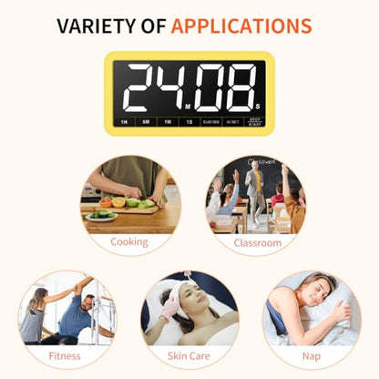 VOCOO Large 7.8" Digital Timer, Magnetic LED Timer for Kitchen & Classroom | USB-C Rechargeable, Up to 99 Hours Count Up & Countdown Timer with 3 Brightness Levels, 4 Alert Modes and 3 Volume Levels - color: Yellow