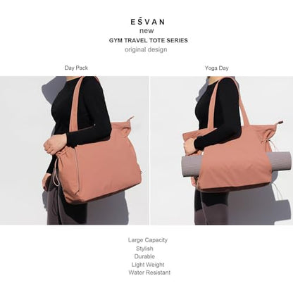 ESVAN Yoga Tote Bag for Women Shoulder Bags Drawstring for Office Workout Travel Carryall Pilates Gym and Beach - color: Pinklish Brown