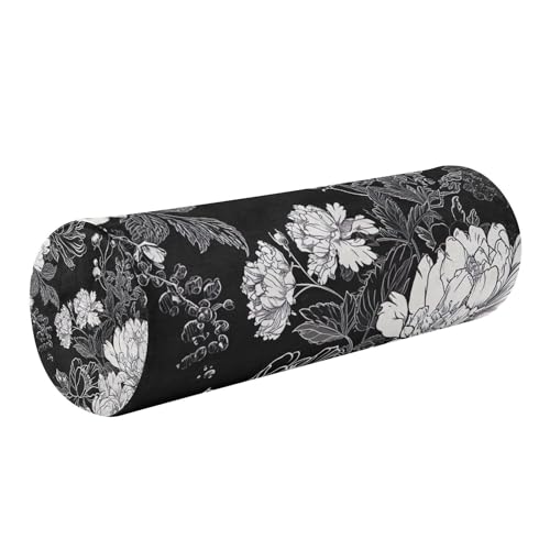 White Flowers Black Neck Roll Pillow - Extra Dense Memory Foam Round Cylinder Bolster for Cervical Support, Spondylosis, Neck Pain Relief - color: Flowers