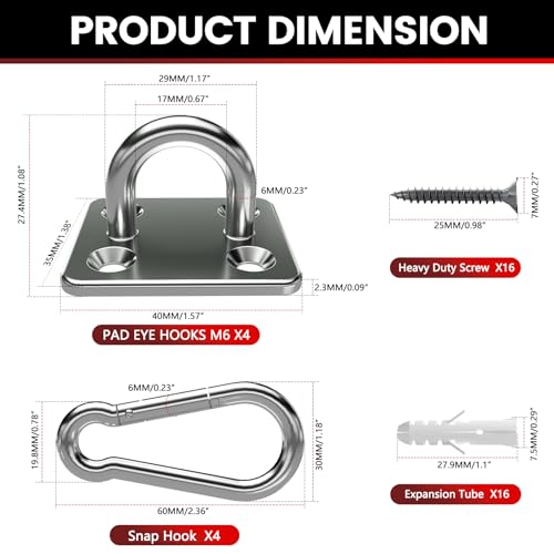 sprookber 304 Stainless Steel Pad Eye Snap Hook, M6 Ceiling Hook 800Lb,8Pcs | Hanging Kit with Screws for Hammock Chair Swing, Yoga Gym Equipment, Sun Shade Sail, Plant Hangers & Marine Boat Hardware - size: 2.3 inch, style: Square