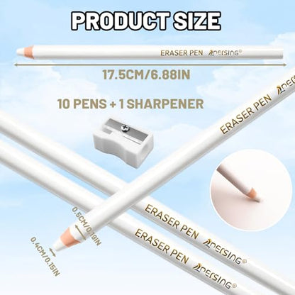 11pcs Precision Eraser Set(10 Pack Precision Eraser with Sharpener), Drawing Erasers Pens for Artists, Detail Erasers Pen for Sketching and Coloured Illustrations, Accurate Force Transmission Erasers