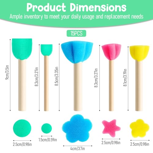 15 PCS Sponge Paint Brushes for Crafts, Foam Paint Brushes for Art Painting | Paint Sponges for Crafts, 5 Sizes Sponge Brushes for Painting DIY Crafts
